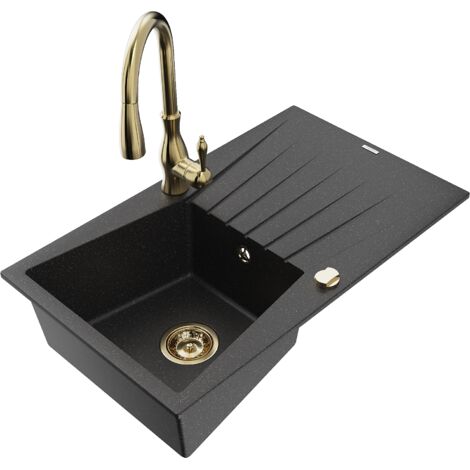 Mexen Cesar 1 Becken-Granitspüle mit Abtropffläche und Mischbatterie Savita, Schwarz/Silbermetallic