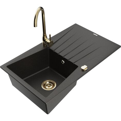 Mexen Cesar 1 Becken-Granitspüle mit Abtropffläche und Mischbatterie Telma, Schwarz/Gold - 6514-75-6