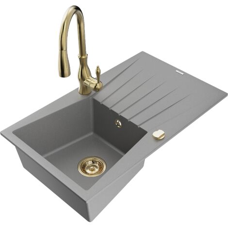 Mexen Cesar fregadero de cocina de granito de 1 seno con escurridor y grifo de cocina Savita, gris - 6514-71-672601-50