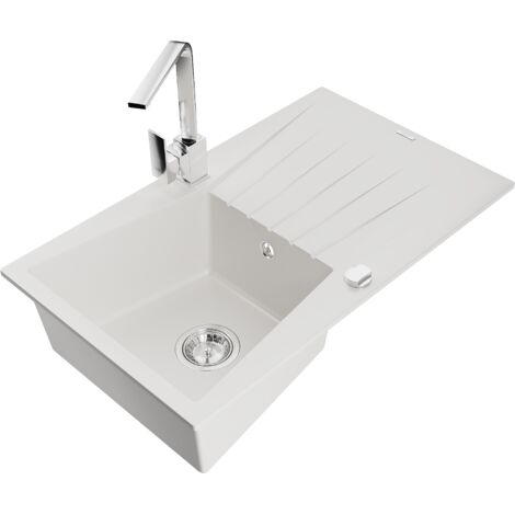 Mexen Cesar fregadero de granito 1-celda con escurridor y grifo de cocina Rita, blanco - 6514-20-670300-00