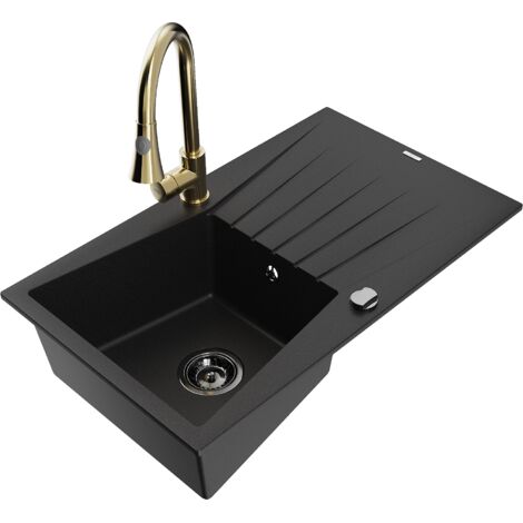 Mexen Cesar fregadero de granito de 1 compartimento con escurridor y grifo de cocina Elia, negro - 6514-77-670101-50-B