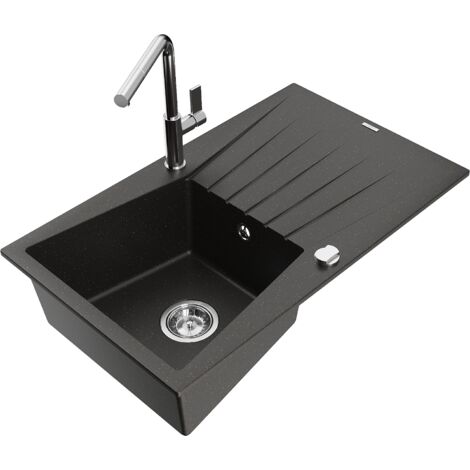 Mexen Cesar fregadero de granito de 1 compartimento con escurridor y grifo de cocina Flora, negro/dorado met谩lico
