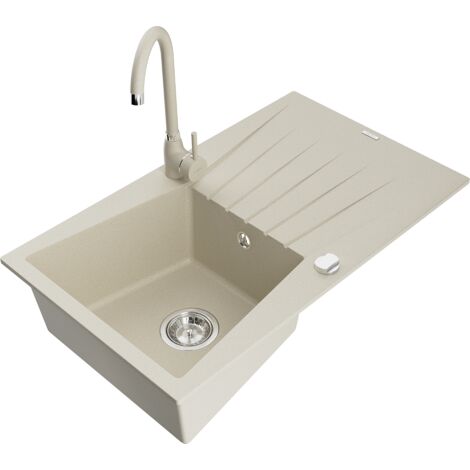 Mexen Cesar fregadero de granito de 1 compartimento con escurridor y grifo de cocina Telma, beige - 6514-69-670200-69