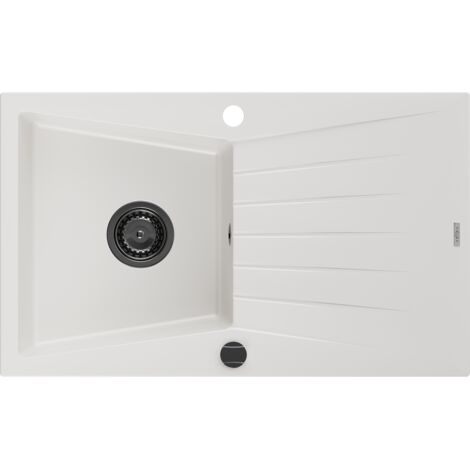 Mexen Cesar fregadero de granito de 1 cubeta con escurridor 775 x 470 mm, blanco, sif贸n negro - 6514771010-20-B