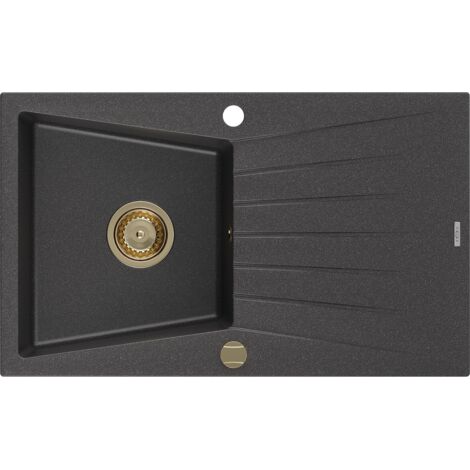Mexen Cesar fregadero de granito de 1 cubeta con escurridor 775 x 470 mm, negro moteado, sif贸n dorado - 6514771010-76-G