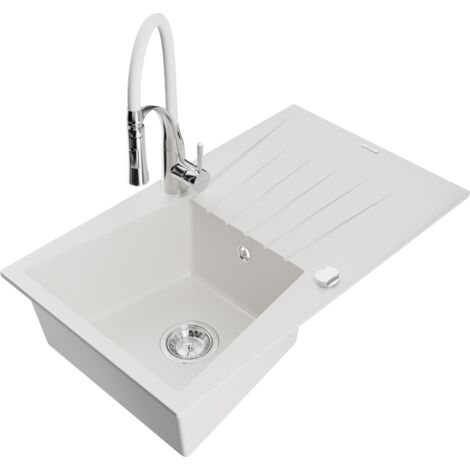 Mexen Cesar fregadero de granito de 1 cubeta con escurridor y grifo de cocina Aster, blanco - 6514-20-73450-02