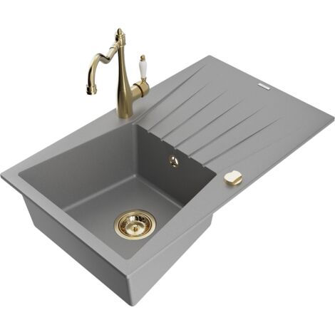Mexen Cesar fregadero de granito de 1 cubeta con escurridor y grifo de cocina Carla, gris - 6514-71-670700-50