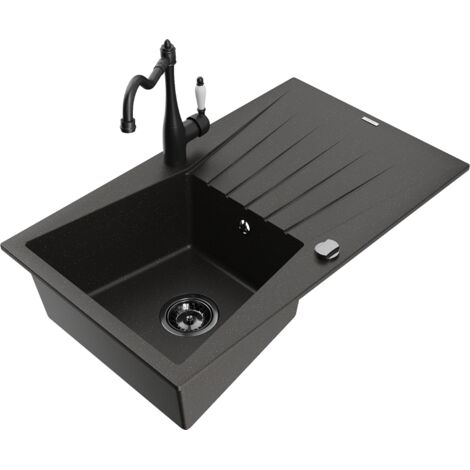 Mexen Cesar fregadero de granito de 1 cubeta con escurridor y grifo de cocina Carla, negro/oro met谩lico - 6514-75-670700-70-B