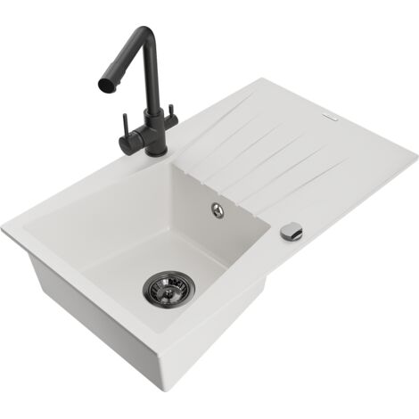 Mexen Cesar fregadero de granito de 1 cubeta con escurridor y grifo de cocina Duero, blanco - 6514-20-671600-70
