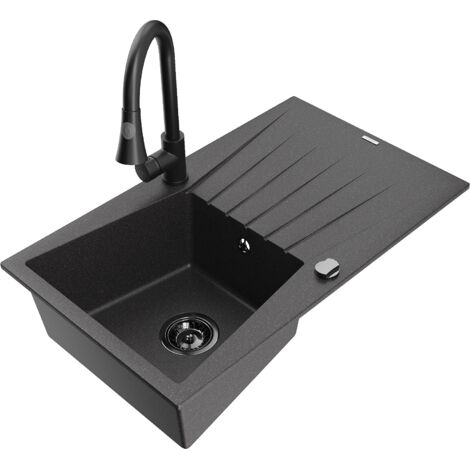 Mexen Cesar fregadero de granito de 1 cubeta con escurridor y grifo de cocina Elia, negro moteado - 6514-76-670101-70-B