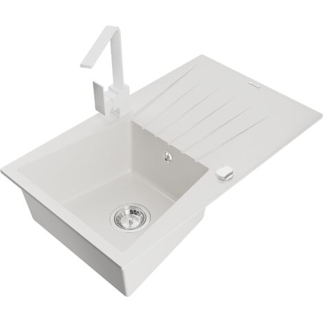Mexen Cesar fregadero de granito de 1 cubeta con escurridor y grifo de cocina Rita, blanco - 6514-20-670300-20