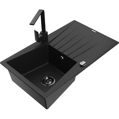 Mexen Cesar fregadero de granito de 1 cubeta con escurridor y grifo de cocina Rita, negro - 6514-77-670300-70-B