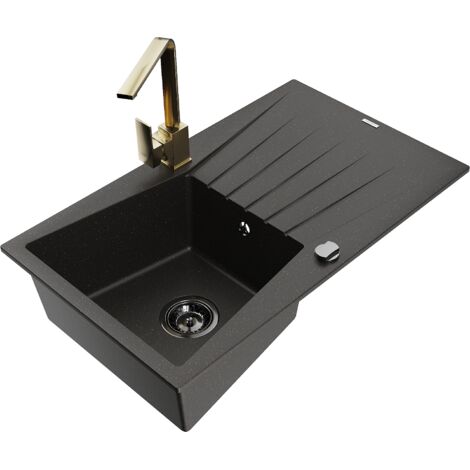 Mexen Cesar fregadero de granito de 1 cubeta con escurridor y grifo de cocina Rita, negro/oro met谩lico - 6514-75-670300-50-B
