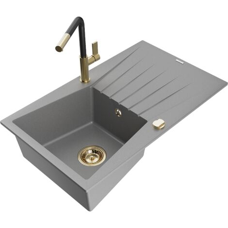 Mexen Cesar fregadero de granito de 1 recipiente con escurridor y grifo de cocina Flora, gris - 6514-71-670401-57-G