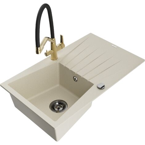 Mexen Cesar fregadero de granito de 1 seno con escurridor y grifo de cocina Duo, beige - 6514-69-671701-57-B