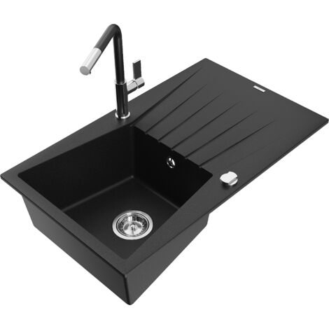 Mexen Cesar fregadero de granito de 1 seno con escurridor y grifo de cocina Flora, negro - 6514-77-670401-07