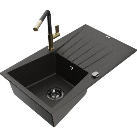 Mexen Cesar fregadero de granito de 1 seno con escurridor y grifo de cocina Flora, negro/oro met谩lico - 6514-75-670401-57-B