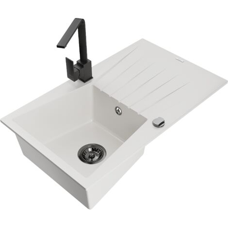 Mexen Cesar fregadero de granito de 1 seno con escurridor y grifo de cocina Rita, blanco - 6514-20-670300-70