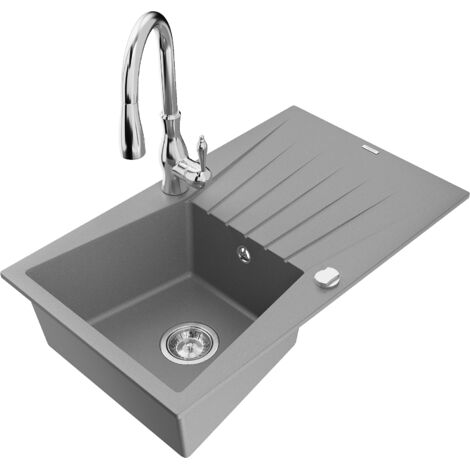 Mexen Cesar fregadero de granito de 1 seno con escurridor y grifo de cocina Savita, gris - 6514-71-672601-00