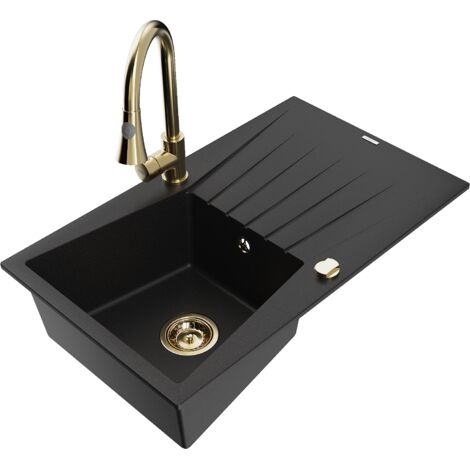 Mexen Cesar fregadero de granito de un seno con escurridor y grifo de cocina Elia, negro - 6514-77-670101-50