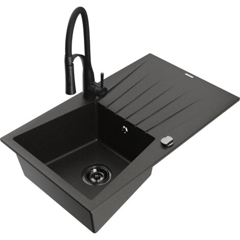 Mexen Cesar lavello in granito 1 vasca con scolapiatti e rubinetto da cucina Aster, nero/oro metallizzato - 6514-75-73450-70-B