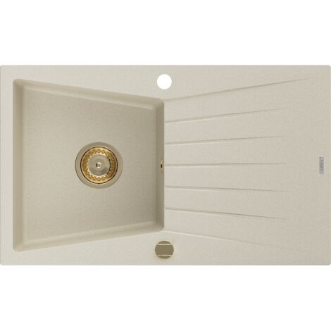 Mexen Cesar lavello in granito a 1 vasca con scolapiatti 775 x 470 mm, beige, sifone dorato - 6514771010-69-G