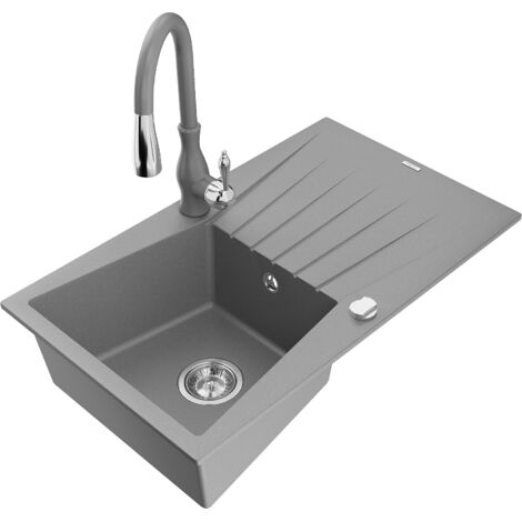 Mexen Cesar lavello in granito a 1 vasca con sgocciolatoio e rubinetto da cucina Savita, grigio - 6514-71-672601-71