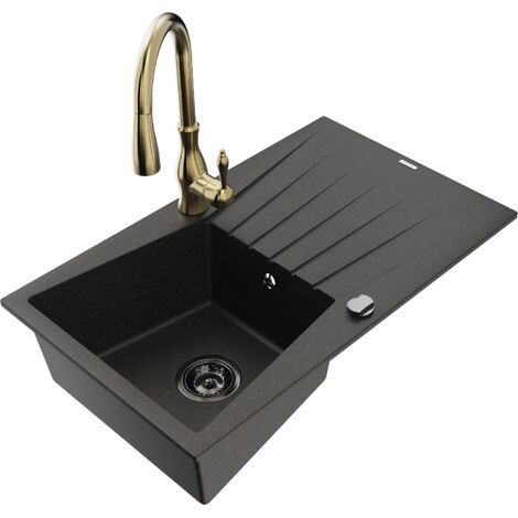 Mexen Cesar lavello in granito a 1 vasca con sgocciolatoio e rubinetto da cucina Savita, nero/oro metallizzato