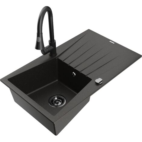 Mexen Cesar lavello in granito a una vasca con scolapiatti e rubinetto da cucina Elia, nero/oro metallizzato
