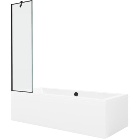Mexen Cube vasca da bagno rettangolare 180 x 80 cm con rivestimento e paravento a 1 anta 50 cm, motivo nero