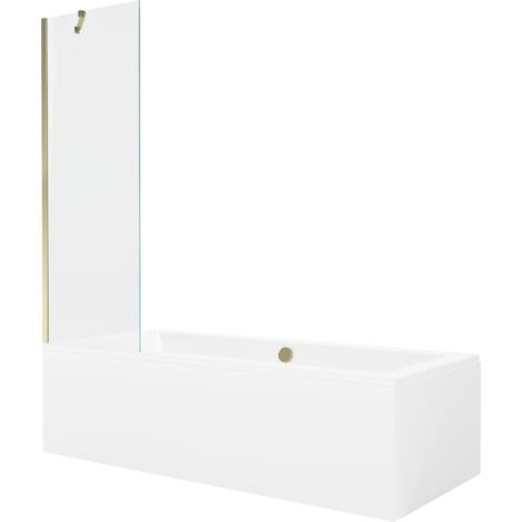 Mexen Cube vasca rettangolare 180 x 80 cm con pannellatura e paravento a 1 anta 60 cm, trasparente, dorato