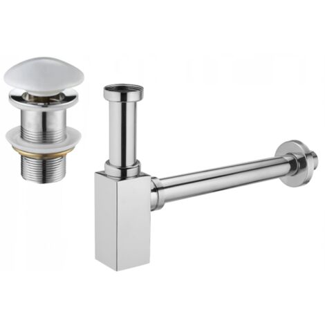 Mexen demi siphon carré pour lavabo avec bouchon céramique click/clack, sans trop-plein, Chrome/Blanc - 7991060-02