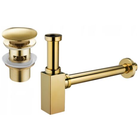 Mexen demi-siphon carré pour lavabo avec bouchon clic-clac, avec trop-plein, Or - 7992060-50