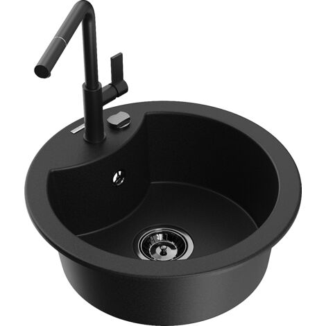 Mexen Diego 1-Becken-Granitspüle mit Mischbatterie Flora, Schwarz - 6512-77-670401-70-B