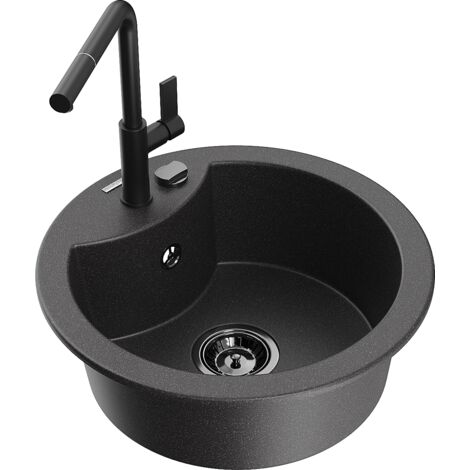 Mexen Diego 1-Becken-Granitspüle mit Mischbatterie Flora, Schwarz gesprenkelt - 6512-76-670401-70-B