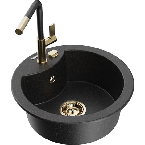 Mexen Diego 1-Becken-Granitspüle mit Mischbatterie Flora, Schwarz/Silbermetallic - 6512-73-670401-57