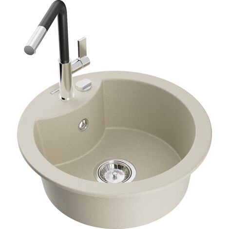 Mexen Diego évier en granit à 1 cuve avec robinet mélangeur Flora, Beige - 6512-69-670401-07