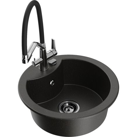 Mexen Diego fregadero de granito 1-cubeta con grifo de cocina Duo, negro/dorado met谩lico - 6512-75-671701-07-B