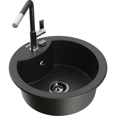 Mexen Diego fregadero de granito de 1 compartimento con grifo de cocina Flora, negro/metalizado dorado - 6512-75-670401-07-B