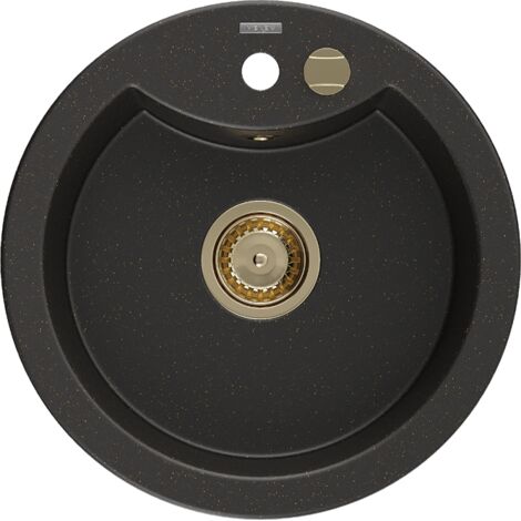 Mexen Diego fregadero de granito de 1 cubeta 488 x 480 mm, negro/dorado metalizado, sif贸n dorado - 6512481000-75-G