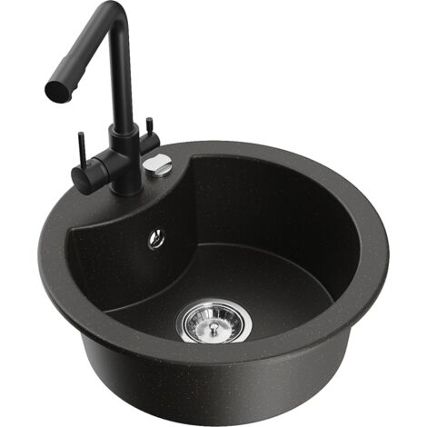Mexen Diego fregadero de granito de 1 cubeta con grifo de cocina Duero, negro/dorado met谩lico - 6512-75-671600-70
