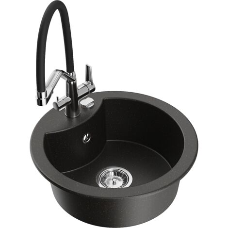 Mexen Diego fregadero de granito de 1 cubeta con grifo de cocina Duo, negro/dorado met谩lico - 6512-75-671701-07