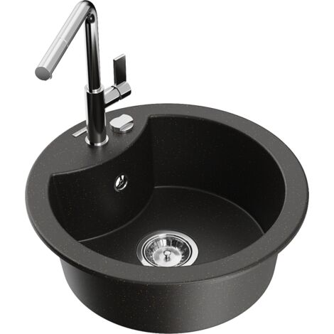 Mexen Diego fregadero de granito de 1 cubeta con grifo de cocina Flora, negro/dorado met谩lico - 6512-75-670401-00