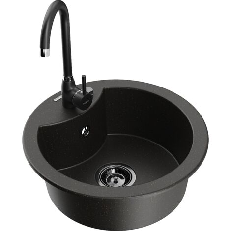 Mexen Diego fregadero de granito de 1 cubeta con grifo de cocina Telma, negro/dorado - 6512-75-670200-70-B