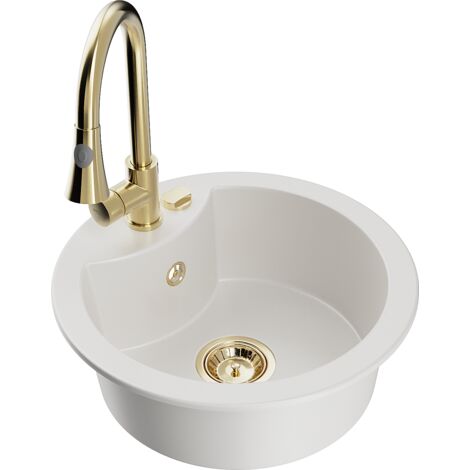 Mexen Diego lavabo in granito 1-vasca con rubinetto da cucina Elia, bianco - 6512-20-670101-50