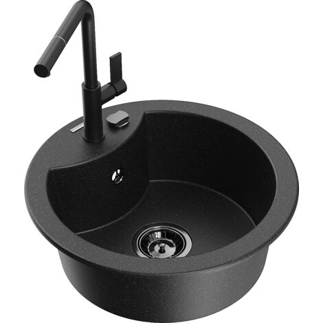 Mexen Diego lavello in granito 1-vasca con miscelatore da cucina Flora, nero/argento metallizzato - 6512-73-670401-70-B