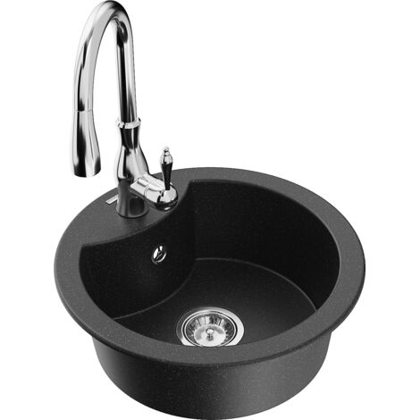 Mexen Diego lavello in granito 1-vasca con rubinetteria da cucina Savita, nero/metallo argento - 6512-73-672601-00
