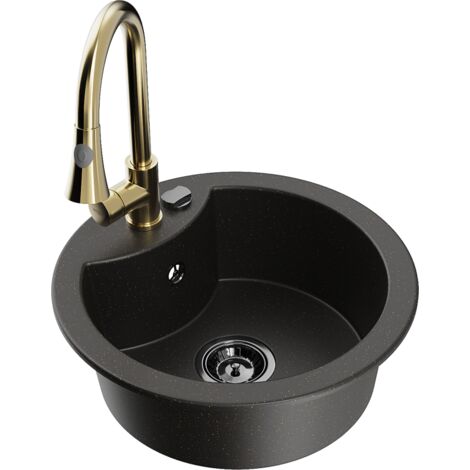 Mexen Diego lavello in granito a 1 vasca con miscelatore da cucina Elia, nero/oro metallizzato - 6512-75-670101-50-B