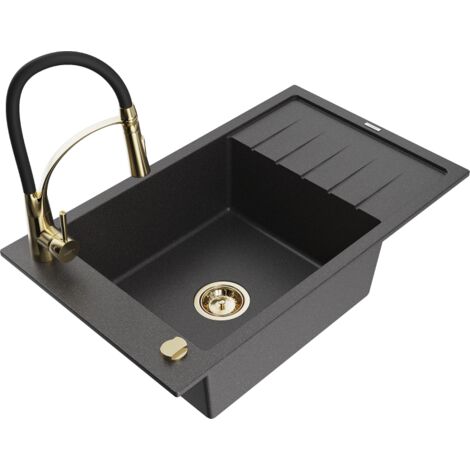 Mexen Elias 1 Becken-Granitspüle mit Abtropffläche und Mischbatterie Aster, Schwarz gesprenkelt - 6511-76-73450-57-G