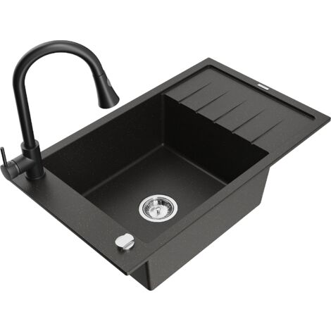 Mexen Elias 1 Becken-Granitspüle mit Abtropffläche und Mischbatterie Elia, Schwarz/Gold metallisch -